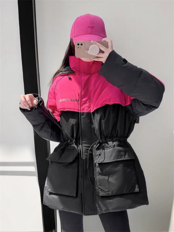 European Hooded Loose and Thickened Warm White Duck Down Drawstring Contrasting Color Mid Length Parker Down Jacket for Winter