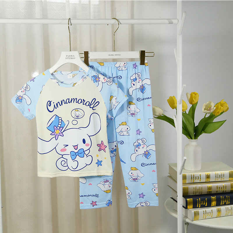 Conjunto de pijama infantil, calças finas de manga curta, roupas com ar condicionado, meninos e meninas, 2 peças, verão