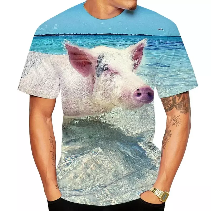 T-shirt estiva da uomo nuova stampata in 3d Animal Pig Print allentato Fun Harajuku Animal Print O Collar uomo manica corta Top personalità
