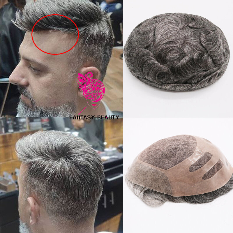 Peluca de cabello humano transpirable para hombres, Base de encaje suizo NPU #1B65, cabello Remy gris, tupé adhesivo duradero, prótesis capilar