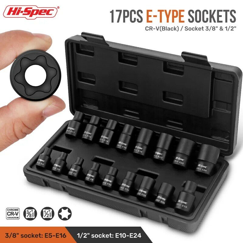Hi-Spec Torx Star Socket Set, Ferramentas de reparo manual, Chave de catraca, Tipo E, E10, E11, E12, E14, E16, E18, E20, E22, E24, 1/2 ", 9 PCes