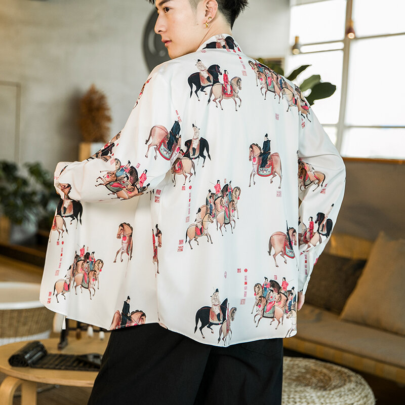 Verão Estilo Chinês Ice Silk Jacket Hanfu Men Costume Suit Loose Tamanho Grande kimono Retro Style Tang Suit Robe Masculino