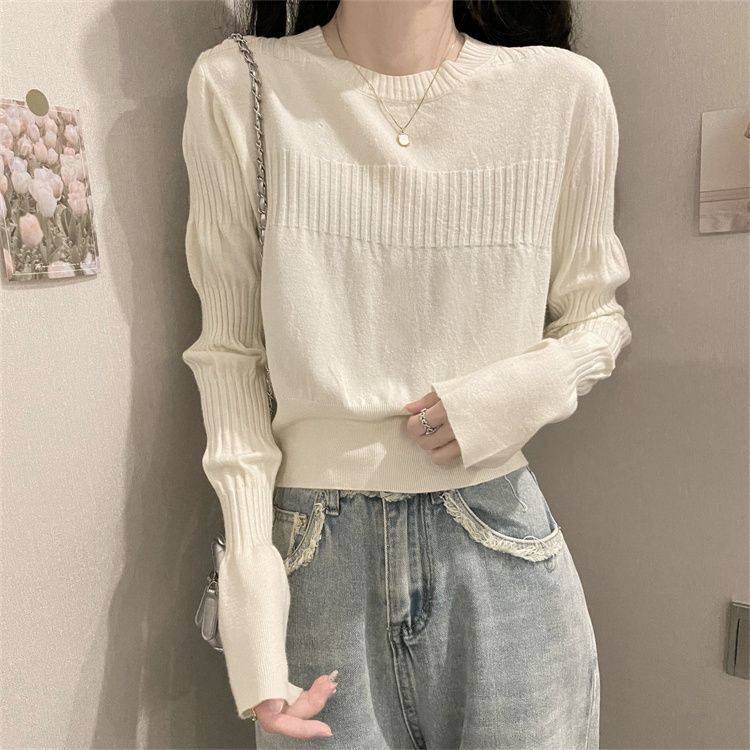 Atasan pullover Wanita leher O Solid, Y2K jumper Chic kaus kantor wanita lengan panjang putih gadis kaus dasar Korea