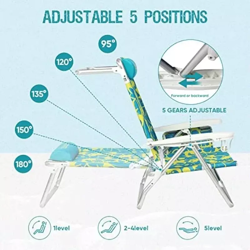 大人用の折りたたみ式で持ち運び可能なリクライニングビーチチェア,5ポジション,折りたたみ式,頑丈