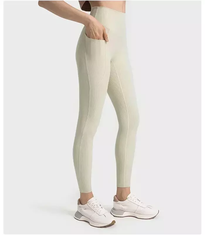 Limão-Leggings de tecido com nervuras de cintura alta feminina com bolsos, calças de ginástica, calças esportivas, ioga, corrida ao ar livre