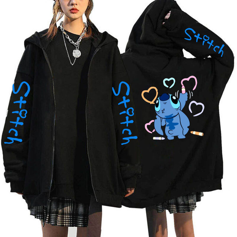 Sudadera con capucha de Disney Stitch para mujer, ropa de calle de Manga con cremallera, estilo Harajuku, años 90, Y2k