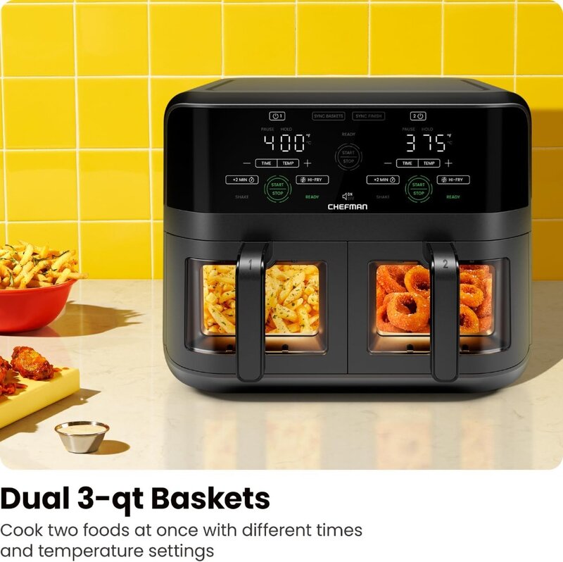 Chefman 6 Quart Dual Mand Friteuse Oven Met Gemakkelijk Te Bekijken Ramen, Synchronisatie Afwerking, Hi-Fry