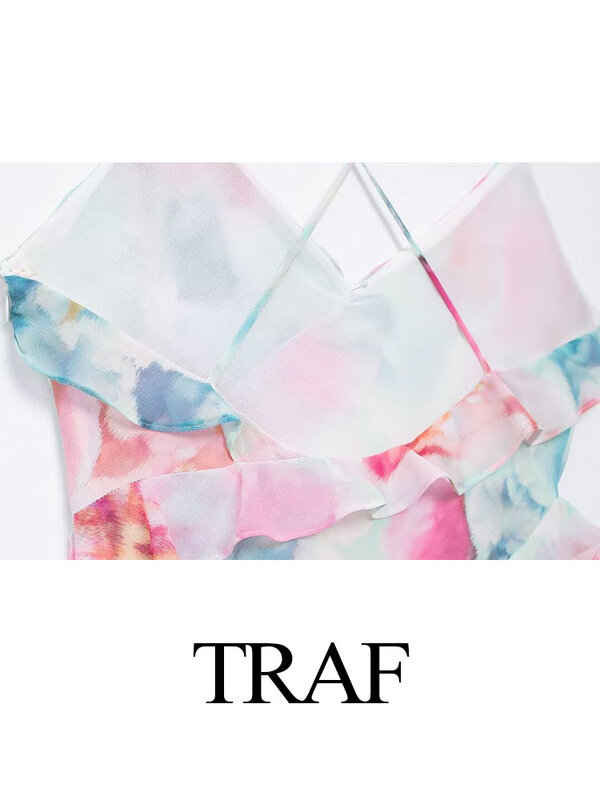 TRAF Woman New Fashion Summer Dress Print V-Neck Sleeveless Backless Tierred Decorate Zipper Female Beach Style Mini Dresses