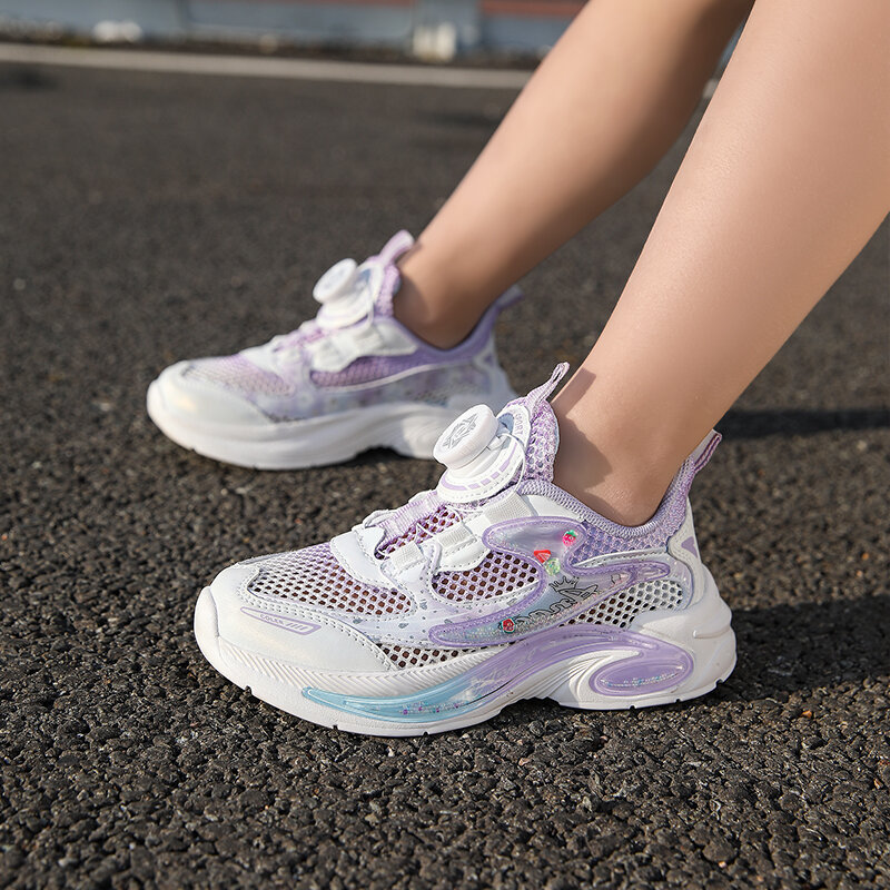 Scarpe Casual a rete singola con fibbia rotante per bambini estivi scarpe da ginnastica imbottite traspiranti per ragazze scarpe da corsa leggere all'aperto