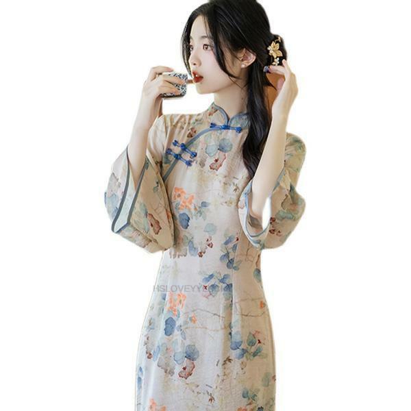 Chińska sukienka Qipao wiosna lato nowy chiński styl kobiety orientalny sukienka Vintage wdzięczny kwiatowy damski suknia w stylu Qipao