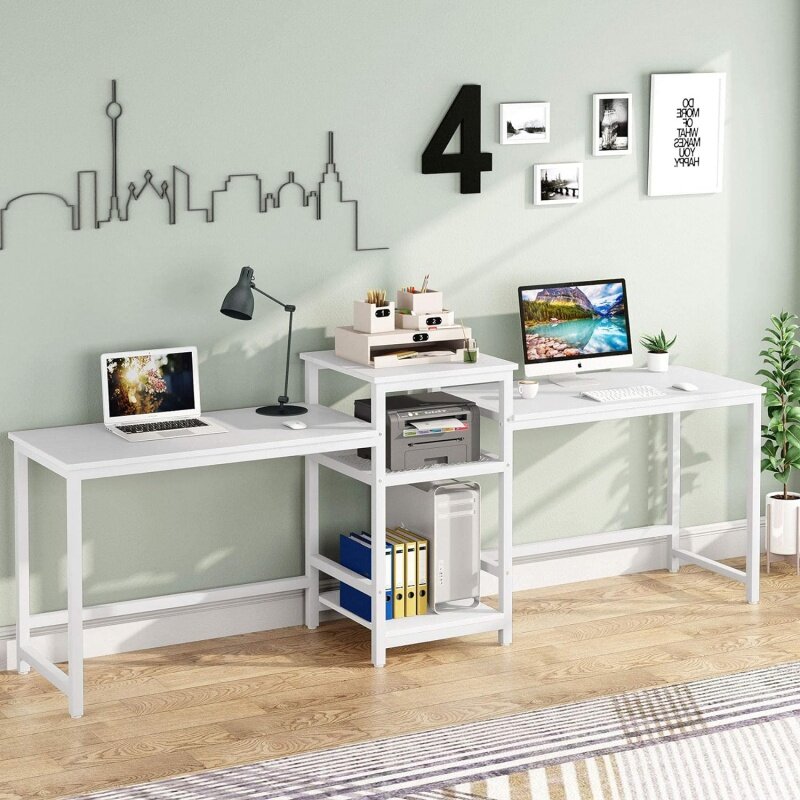 Tribesigns-escritorio doble para ordenador con estante para impresora, estación de trabajo Extra larga para dos personas con estantes de almacenamiento, gran descuento, 96,9"