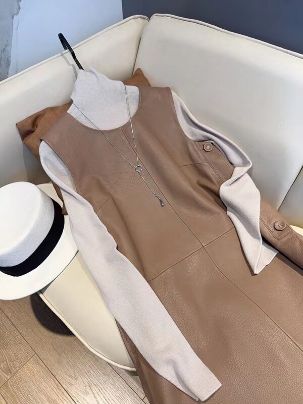2024 New Arrival Women's Fashion Brief Genuine Sheepskin Leather Vest Dress