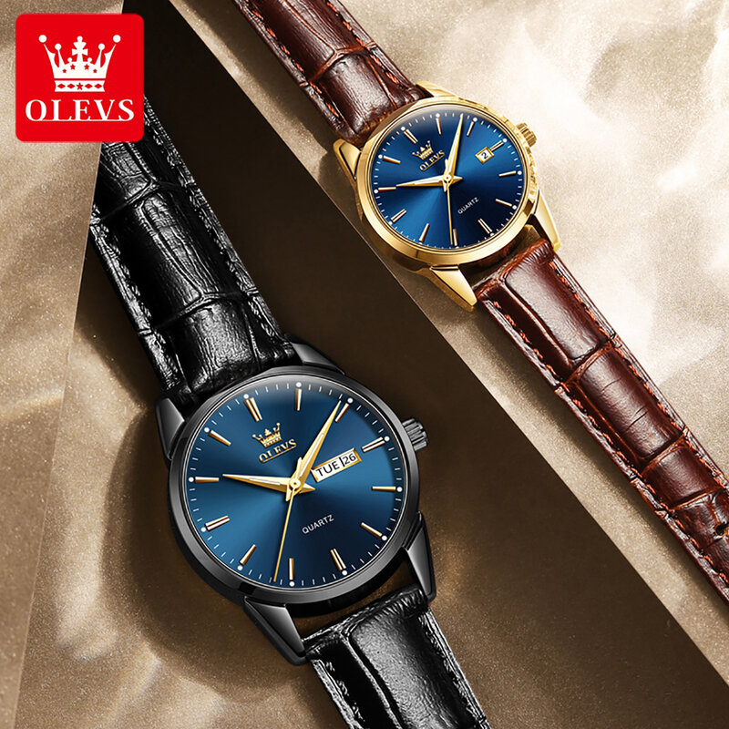 OLEVS-Relógio de pulso de quartzo impermeável masculino e feminino, pulseira de couro, data e semana, moda simples, par relógios