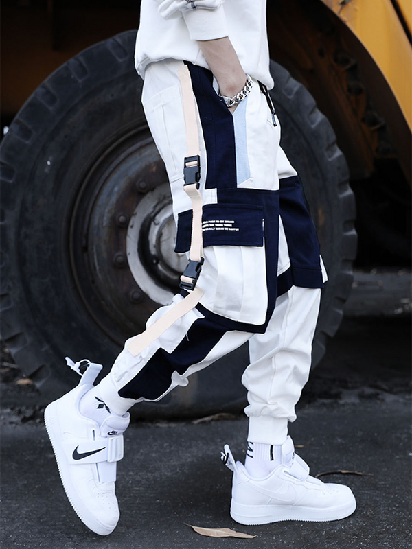 Joggers calças de carga para homens casual hip hop hit cor bolso masculino calças moletom streetwear fitas techwear calças