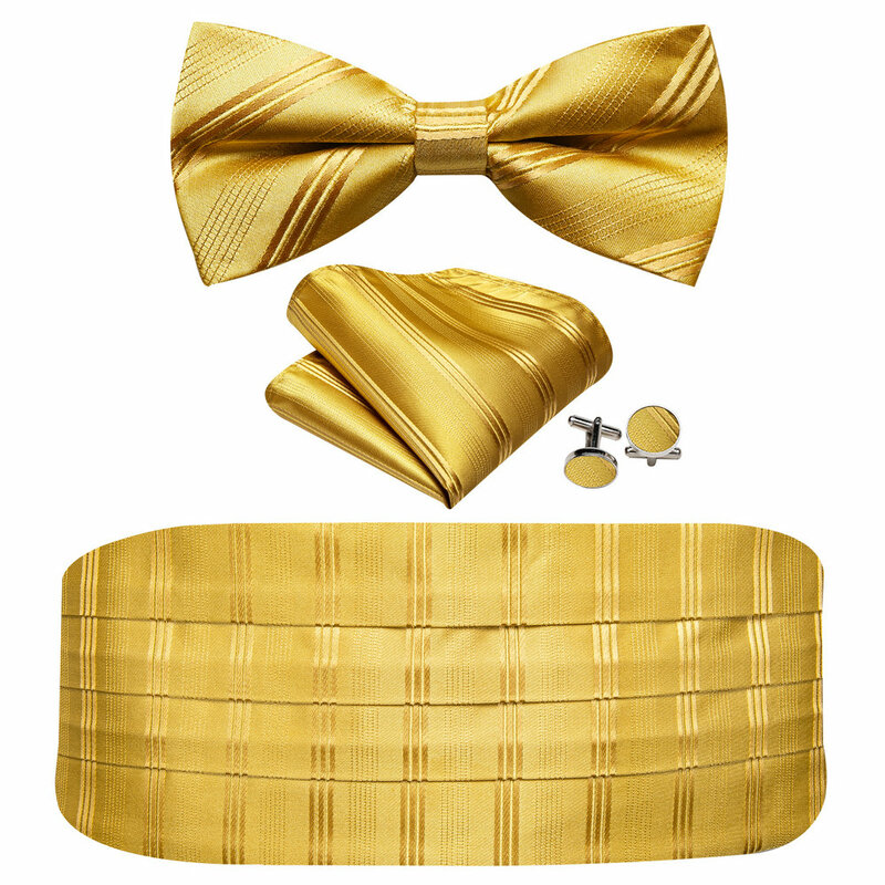 Barry Wang Stripe Bowtie Set para homens, cummerbund de seda dourada, abotoaduras quadradas, elegante designer de moda, festa de casamento