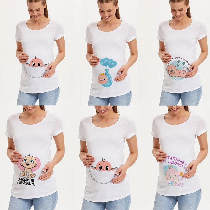 출산 귀여운 아기 프린트 o-넥 반팔 티셔츠, 임신 엄마 상의 티셔츠, 옷, 아기 발표 티셔츠, 임신 셔츠