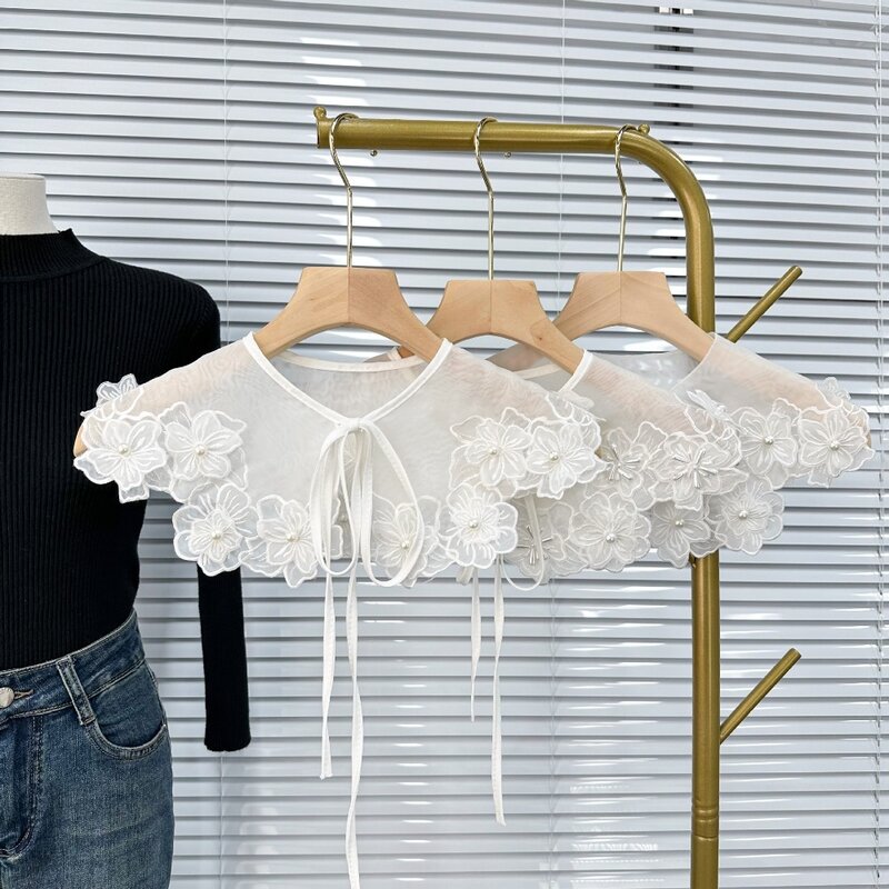 Cuello de encaje bordado de Organza para mujer, cuello falso, accesorios de ropa, camisa desmontable, chal con cordones blancos