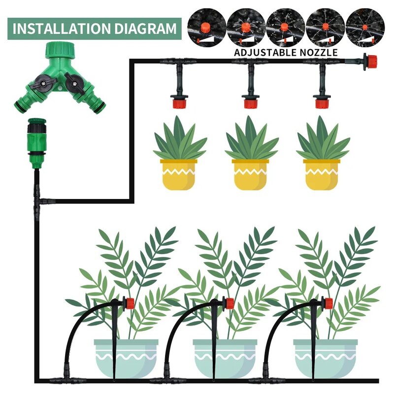 Sistema de riego por goteo automático para invernadero, Kits de riego por microgoteo con goteros ajustables, manguera de jardín, bricolaje, 5M-50M