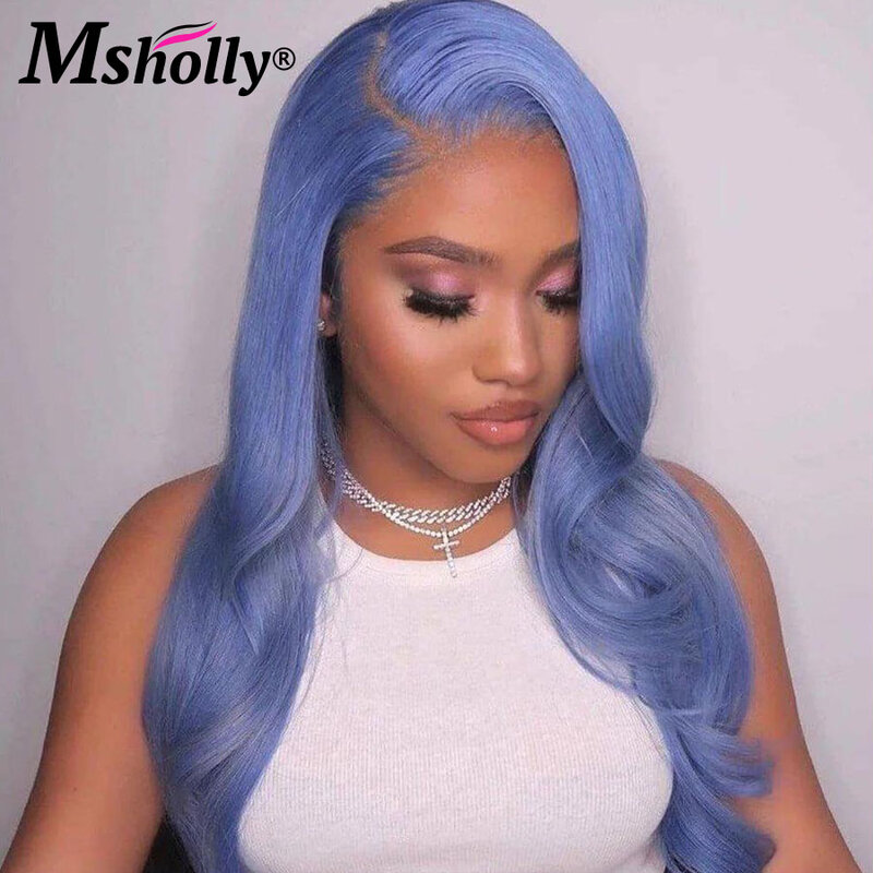 Niebieska peruka Body Wave peruka z ludzkich włosów bezklejowa brazylijska dziewica Remy z ludzkimi włosami dla kobiet z preplujecked HD przezroczysta koronkowa peruka czołowa