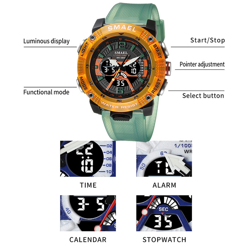 Sport Horloges Waterdicht Smael Mannelijke Klok Digitale Led Display Quartz Analoge Stopwatch Mode Groen Oranje Klok 8058 Mannen Horloge
