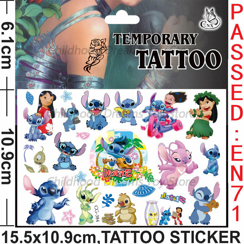 귀여운 스티치 디즈니 문신 스티커, 어린이 임시 가짜 문신, 얼굴 팔 다리에 붙여 넣기, 어린이 파티 생일 선물 장난감