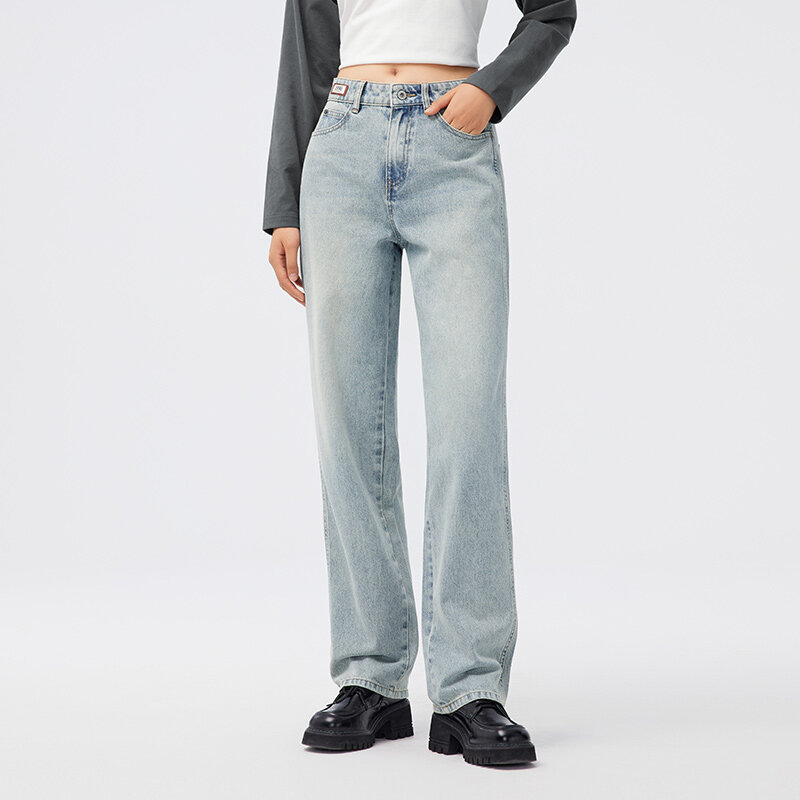 Semir celana Jeans wanita lurus longgar, celana jins lembut kaki lebar baru musim gugur 2023