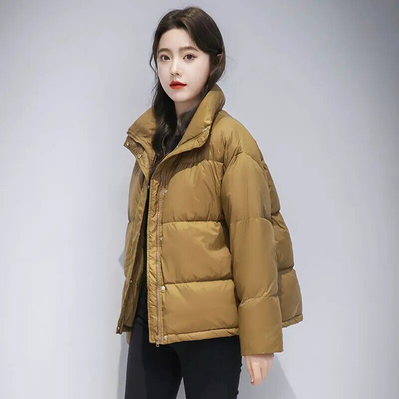 Fato de pato branco feminino, casaco grosso, jaquetas de gola alta, moda coreana, curto, inverno, novo, 2023
