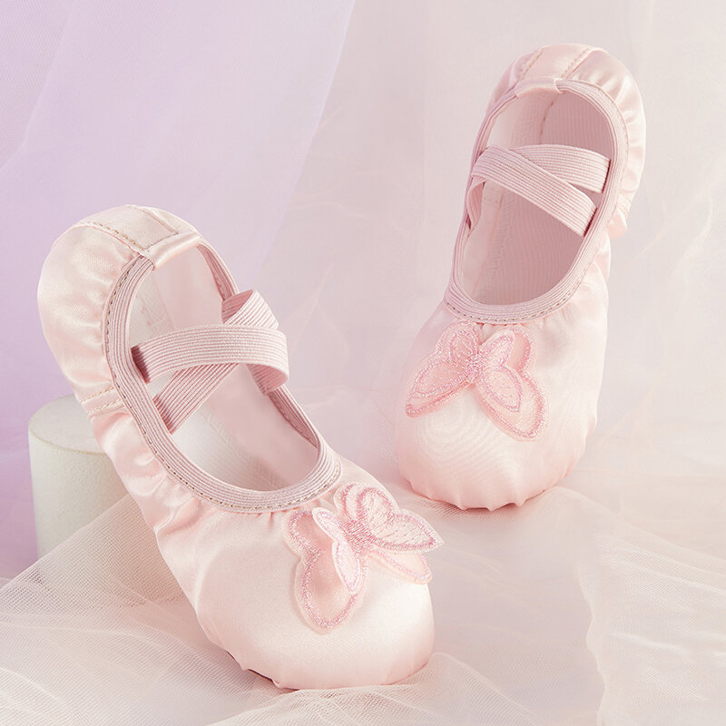 Zapatillas de Ballet profesionales para niños y niñas, zapatos suaves de satén con mariposa para práctica de baile y gimnasio