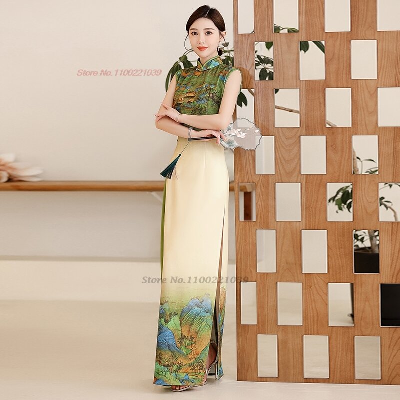 2024 orientalna ulepszona sukienka qipao z do chińskiego narodowego kwiatowym nadrukiem bez rękawów cheongsam qipao elegancka suknia wieczorowa vestido