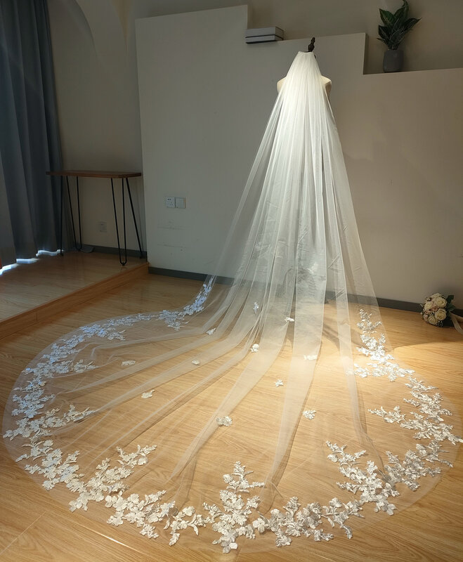 طبقة واحدة مطرزة الحجاب الزفاف ، الدانتيل الأبيض حافة الحجاب الزفاف ، العاج زين ، صور حقيقية ، 3m ، 4m ، 5m