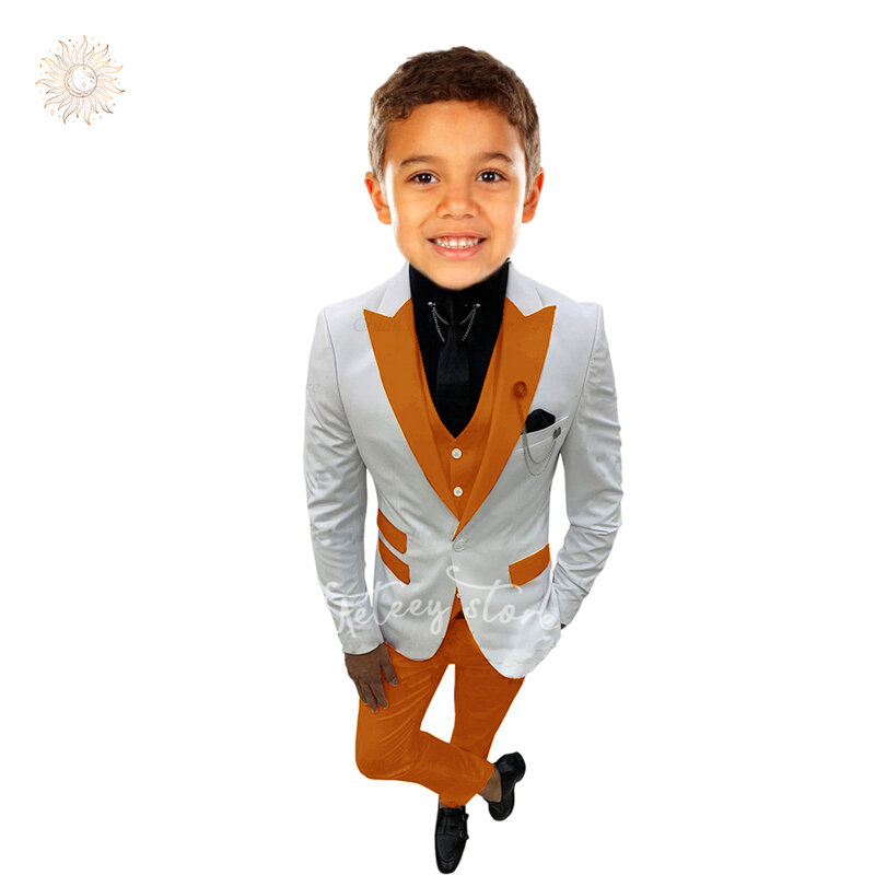 Setelan kerah jas pernikahan anak laki-laki, jaket Blazer celana klasik Tuxedo Morden cocok dengan gaun balita untuk anak laki-laki 3 potong