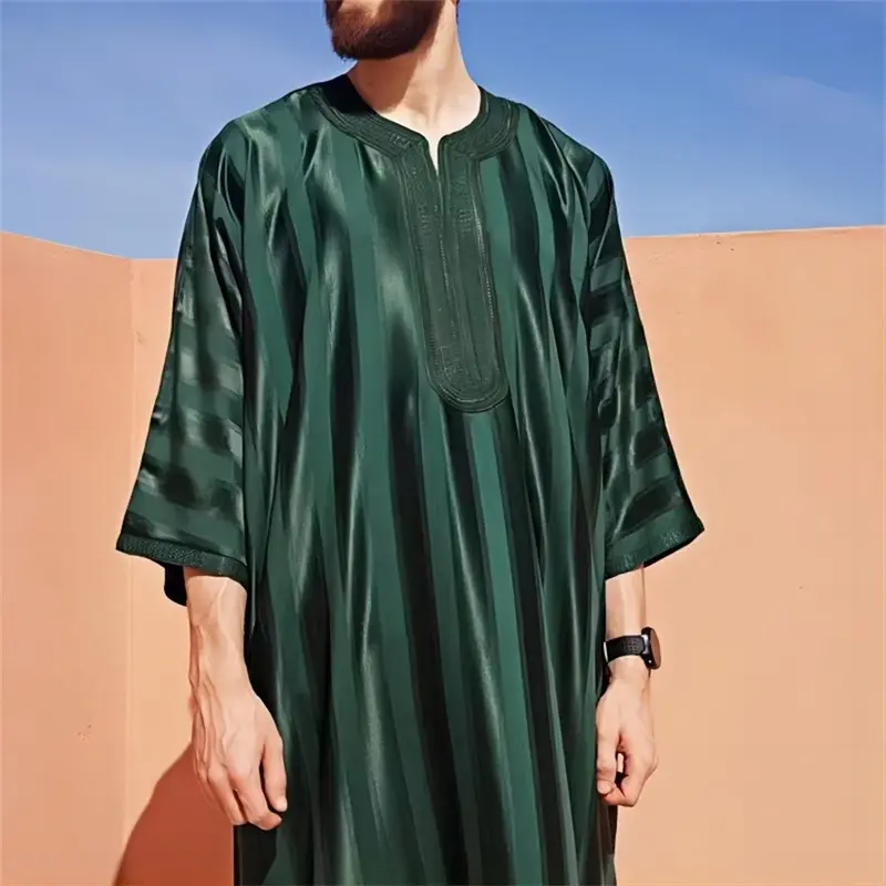 2024 New Men Muslim Abaya Islamic Clothing Men's Embroidered Striped Jubba Thobe Moroccan Dubai Kaftan Eid Prayer Robe Dress