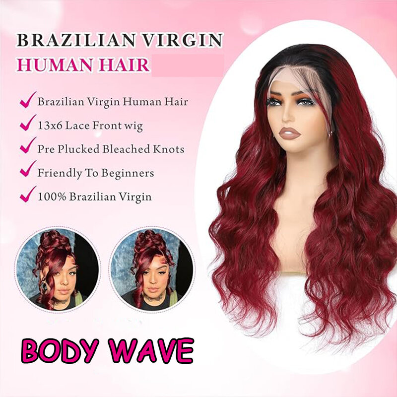 Perruque Lace Front Wig Body Wave naturelle bordeaux, cheveux humains, rouge vin, racines foncées, pre-plucked, transparent HD, 1B99J, 13x6