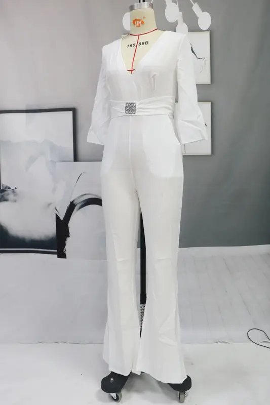 จั๊มสูทแฟชั่นคอวีแขนยาวของผู้หญิง, 2024เสื้อรัดทรงหลวมเอวสูงเสื้อกางเกงขาม้า