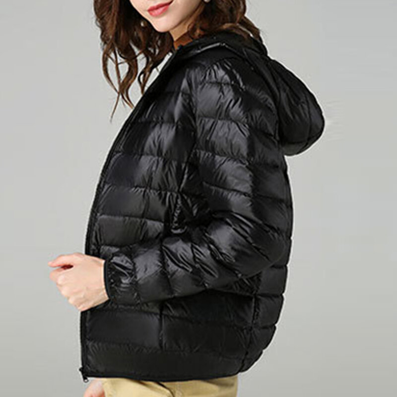 女性用フード付きピュアダウンコート、ジップアップジャケット、スタンドカラー、ポケット、ウィンターウェア