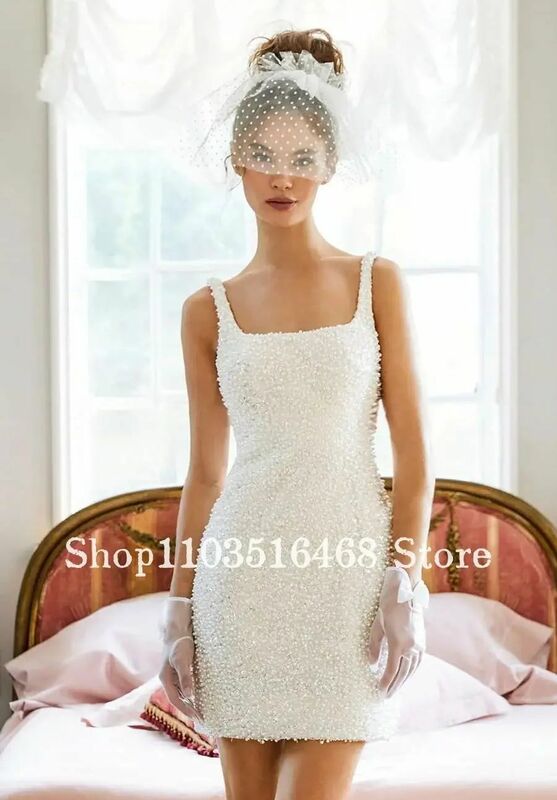 Elegant Customised Mini Wedding Dress 2024 Luxurious Halter Square Neck Pearl Applique A-Line Mini Short Dress Vestidos De Novia