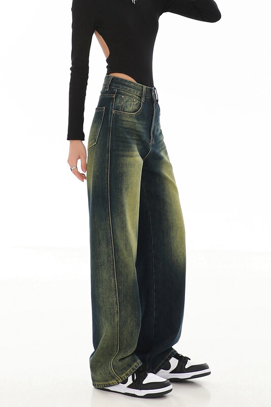 Jeans vintage de cintura alta feminino, calça jeans estética, confortável para mãe, moda streetwear, Y2K