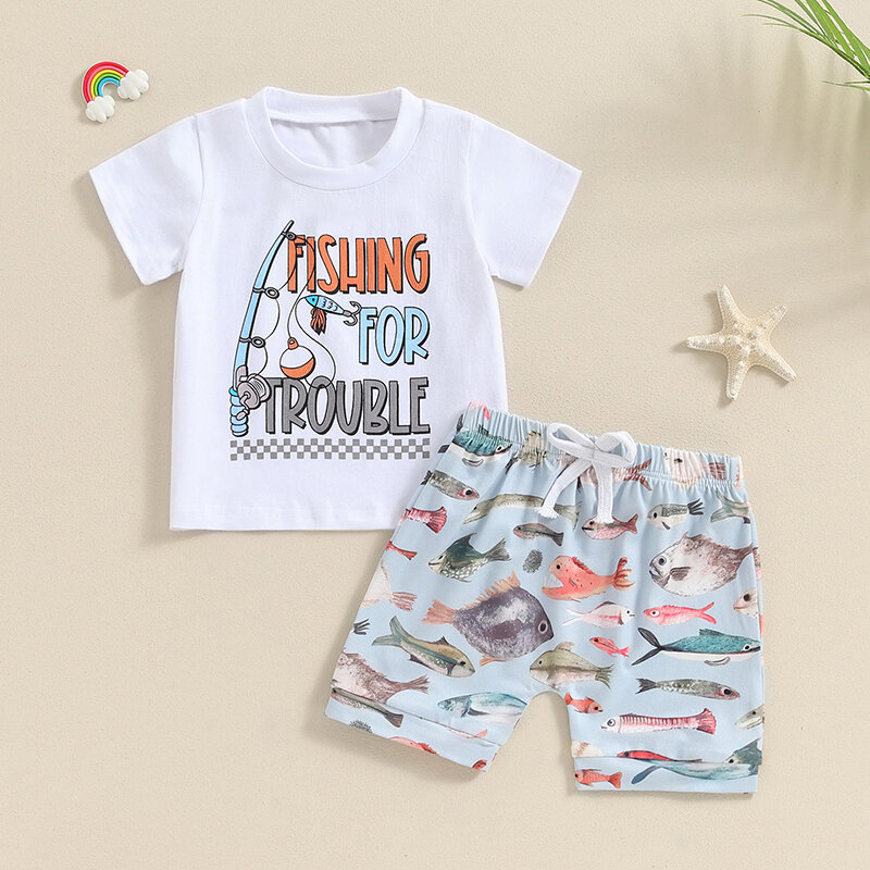 قمصان قصيرة الأكمام مطبوعة بحروف للرضع ، ملابس للأولاد الصغار ، خصر مرن ، نمط سمك ، شورت ملابس ، الصيف ،-04-15