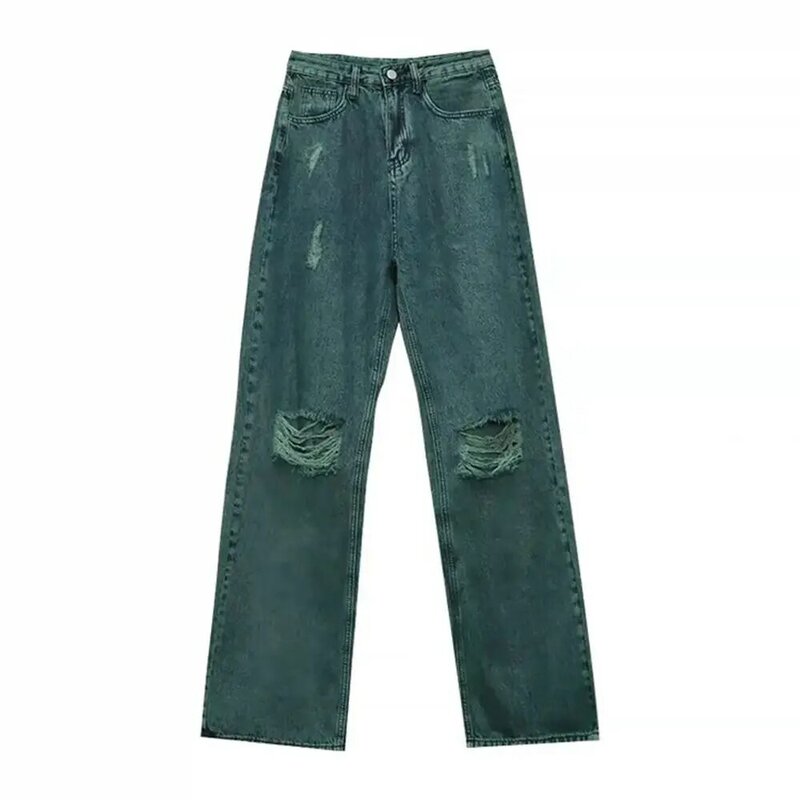 Jeans Ripped Dark Green American Vibe Style Pants Ins High Street Trendy Women'S Summer Straight Wide Leg Wasteland Pants