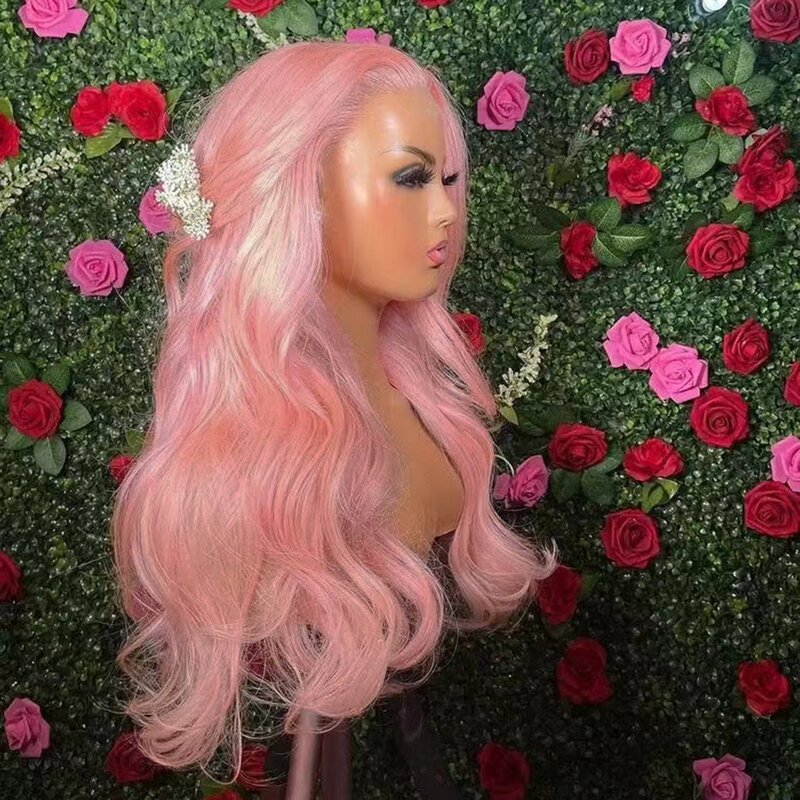 WIF Light Pink Body Wave Synthetic Lace Wig Middle Part Long Wavy Pink Hair Heat Fiber Party Makeup Women Wear Lace Front Wigs