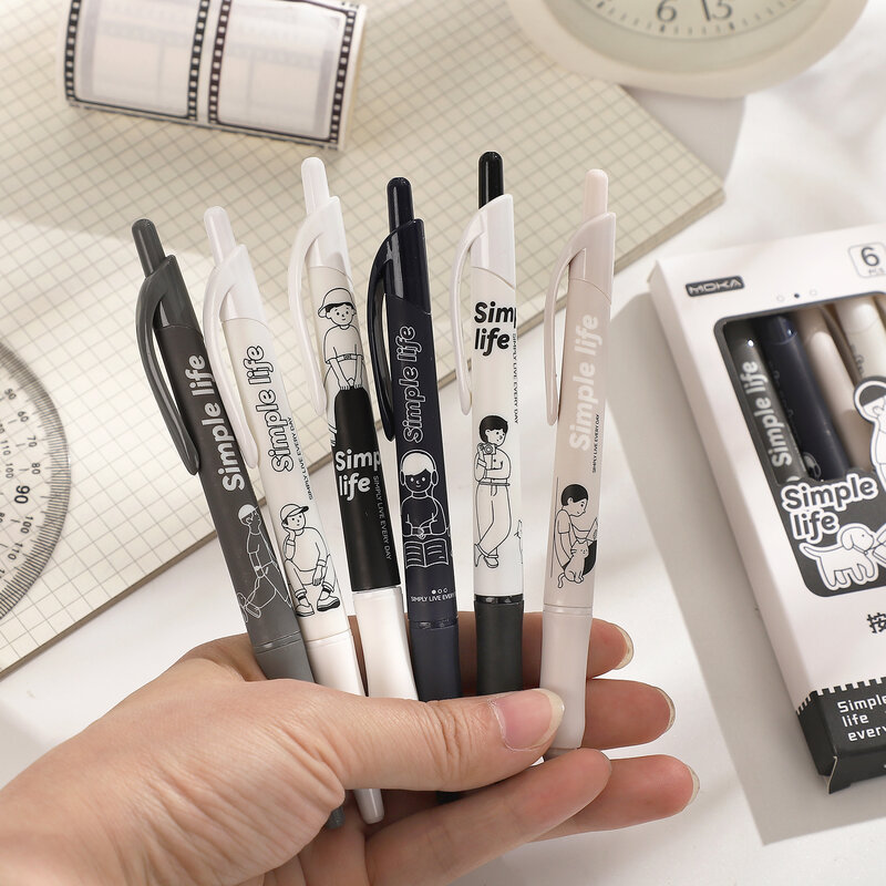6 Pcs/set Simple Life Series Press Gel Pen Set 0.5mm Black Quick Dry Kawaii Pen Set Creative DIY Student Supplies Stationery