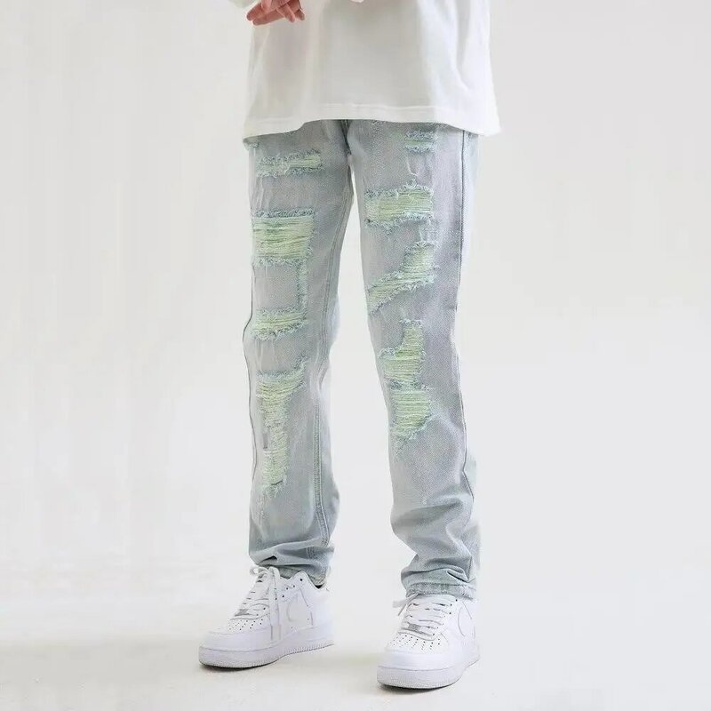 Calça jeans com furos, estilo hip-hop, solta, perna reta, com retalho jeans, moda streetwear, novo, 2022