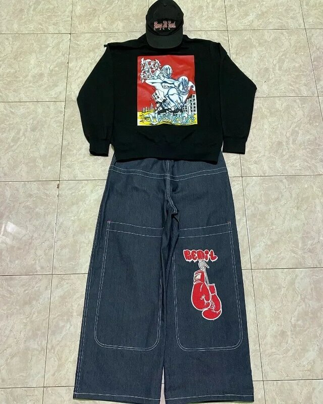 Y2K JNCO high quality Embroidered Hip Hop baggy jeans Tribal Jeans Gothic Streetwear Harajuku Black Pants Waist Wide Leg Trouser