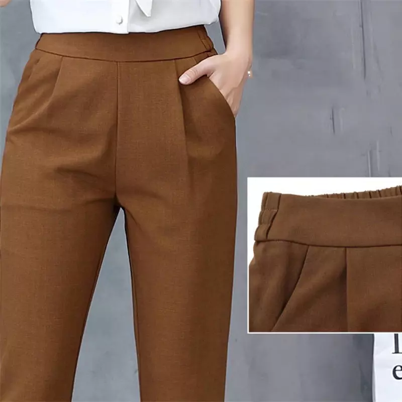 Pantaloni Harem elastici in vita tinta unita di base pantaloni Casual alla caviglia primaverili da donna pantaloni da lavoro Slim coreani di grandi dimensioni femminili