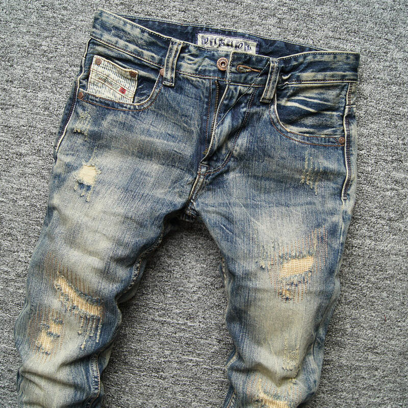 Streetwear Fashion Men Jeans Retro Washed Blue Stretch Slim Fit Ripped Jeans Men Patched Designer Vintage Denim Pants Hombre