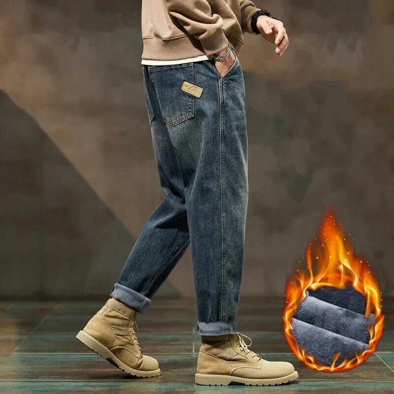 Nuovi pantaloni di Jeans caldi pantaloni Harem blu pantaloni di Jeans addensati Jeans invernali larghi in pile Jeans oversize da uomo