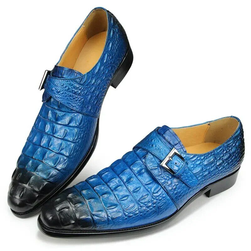 Loafers Oxford หัวเข็มขัดรองเท้าการพิมพ์จระเข้อย่างเป็นทางการของแท้หนัง Pointed Toe Slip บนกาแฟสีฟ้าขนาด39-48ปร...