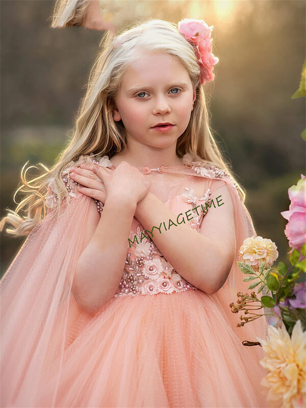 Puffy Pink Flower Girl Dress com Jaqueta, Vestido de princesa bonito, Vestido de casamento, Criança Crianças Vestidos