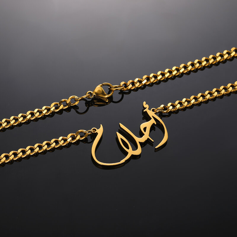 Kustom rantai Arab nama kalung Wanita Pria Perhiasan baja nirkarat personalisasi liontin pelat nama kalung hadiah teman