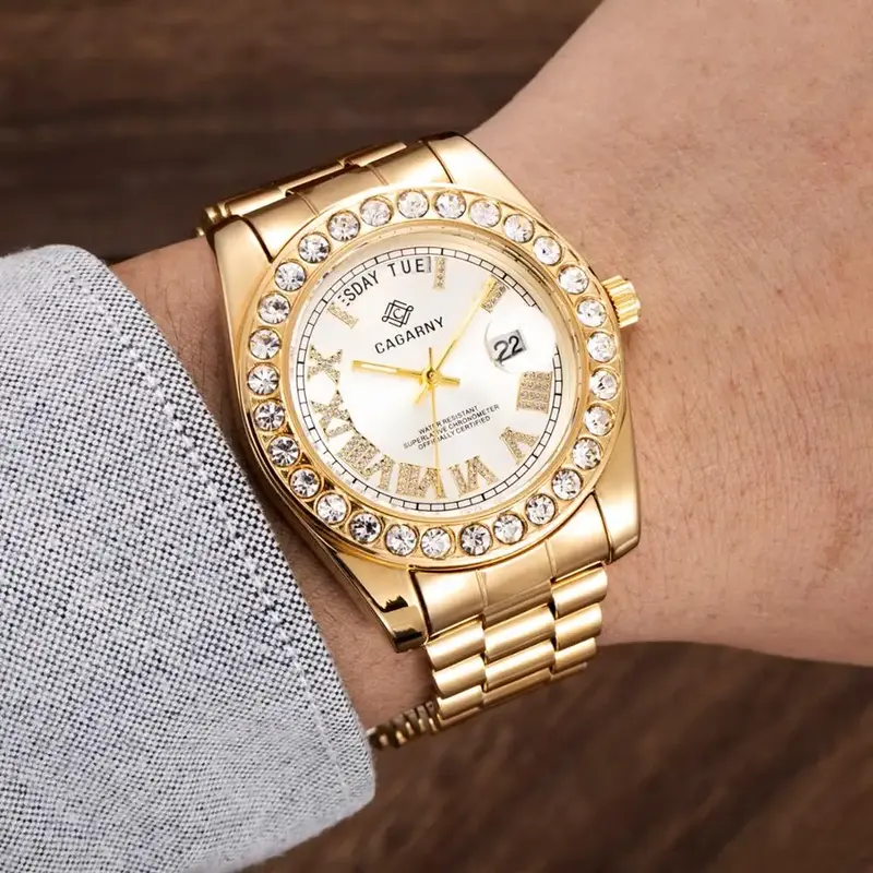 Papel hip hop relógio masculino cagarny luxo moda quartzo relógios homem diamantes relógio de pulso à prova dwaterproof água ouro aço relogio masculino